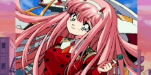 a pink haired anime girl is holding a lollipop in her hand .