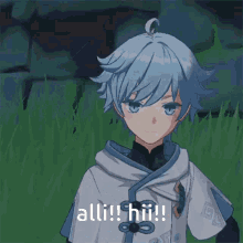 a blue haired anime character with the words " alli ! hi !! " on the bottom right