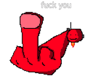 a pixel art drawing of a red worm with the words " fuck you " on the bottom