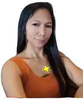 a woman with long black hair is wearing an orange tank top with a yellow star on her chest