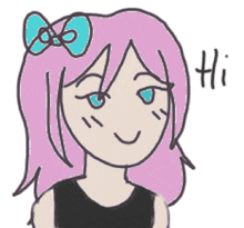 a drawing of a girl with pink hair and a blue bow in her hair .