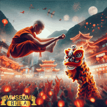 a poster for museum bola shows a monk flying in the air