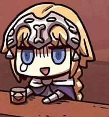 a cartoon of a girl sitting at a table holding a cup of coffee .