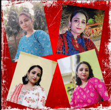 a collage of four pictures of a woman with a red background