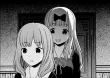 two anime girls are standing next to each other in a dark room