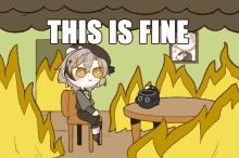 a cartoon of a girl sitting in front of a table with the words this is fine above her