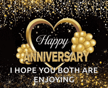 a black background with gold balloons and a heart with the words happy anniversary i hope you both are enjoying