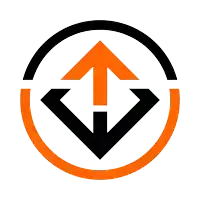 an orange and black logo with an arrow pointing upwards