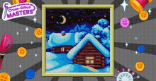 a cross stitch masters advertisement with a picture of a log cabin in the snow