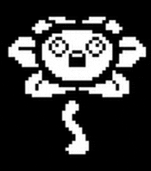 a black and white pixel art of a flower with a surprised face and a tail .