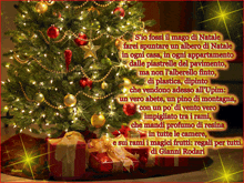 a christmas tree with gifts underneath it and a poem in italian