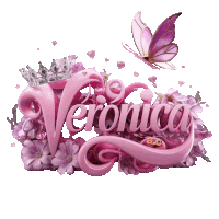 the name veronica is surrounded by pink flowers and butterflies