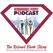 a logo for remarkable people podcast with a group of people standing next to each other in a diamond shape .