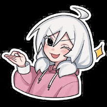 a cartoon girl with white hair and a pink hoodie is making a funny face .