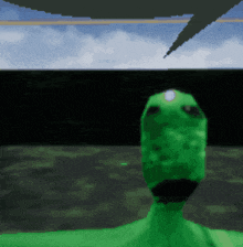 a pixelated image of a green alien with a speech bubble above it