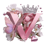 the letter v is surrounded by pink flowers and a crown