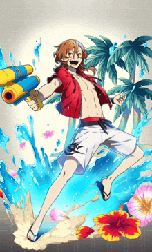 a man in a red shirt and white shorts holding a water gun