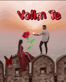 a man giving a rose to a woman with the words volim te above