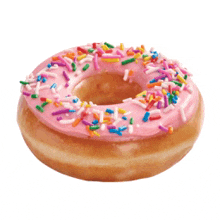 a doughnut with pink frosting and sprinkles on it