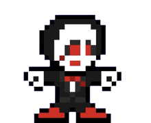 a pixel art of a man in a suit and tie with red eyes .