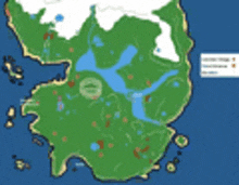 a map of a large island with a lot of water and mountains