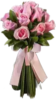 a bouquet of pink roses with a pink bow