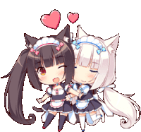 a couple of anime girls hugging each other with hearts above them