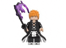 a lego figure of ichigo from bleach is holding a purple wand .