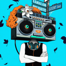 an illustration of a woman with a boombox on her head and a sign that says famalam ross beauties