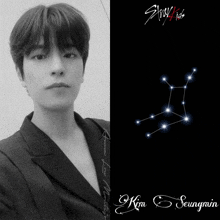 a black and white photo of kim seungmin with a constellation in the background