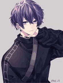 a boy with purple hair and a choker is wearing a black jacket .