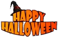 a happy halloween logo with a witch hat on top of it .