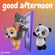 three cartoon animals are standing in front of a door with the words " good afternoon " written above them