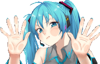 a girl with blue hair is making a funny face with her hands