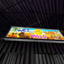 a sign that says wet n wild is hanging from the ceiling