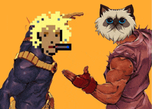 a pixel art drawing of a man with a grumpy cat on his face