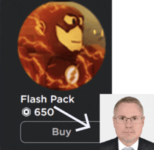 a man in a suit and tie is next to a flash pack