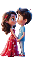 a boy and a girl are holding hands and the girl is wearing a red dress with flowers