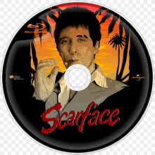 a scarface blu ray disc with a man smoking a cigar on it