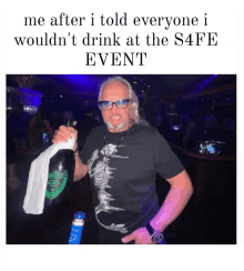 a man holding a bottle of champagne with the caption me after i told everyone i would n't drink