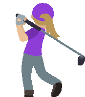 a woman in a purple shirt and purple hat swings a golf club