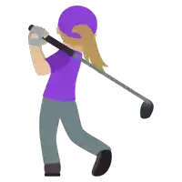 a woman in a purple shirt and purple hat swings a golf club