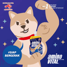 a dog with a bottle of amino vital in front of it