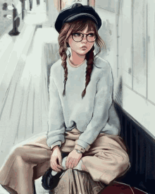 a girl wearing glasses and a hat is sitting on the ground