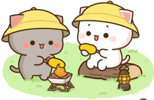 two cartoon cats wearing yellow hats are eating corn