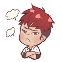 a cartoon of a boy with red hair and a speech bubble