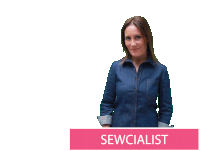 a woman in a denim shirt is standing in front of a sign that says sewcialist