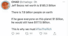 there is 7.8 billion people on earth if he gave everyone on this planet $ 1 billion , he would still have $ 127.5 billion .