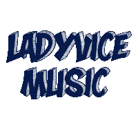 a logo for lady vince music is shown in blue on a white background