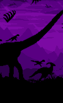 a pixel art of a group of dinosaurs running in a field